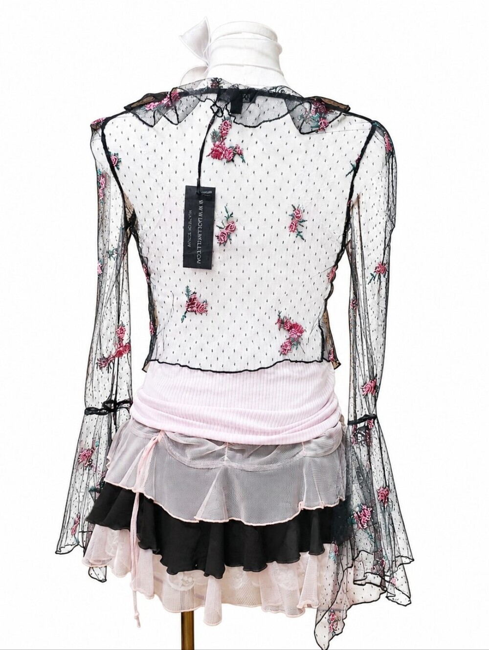 Dolls kill widow Black sheer mesh blouse with pink floral embroidery and ruffled - Picture 3 of 3